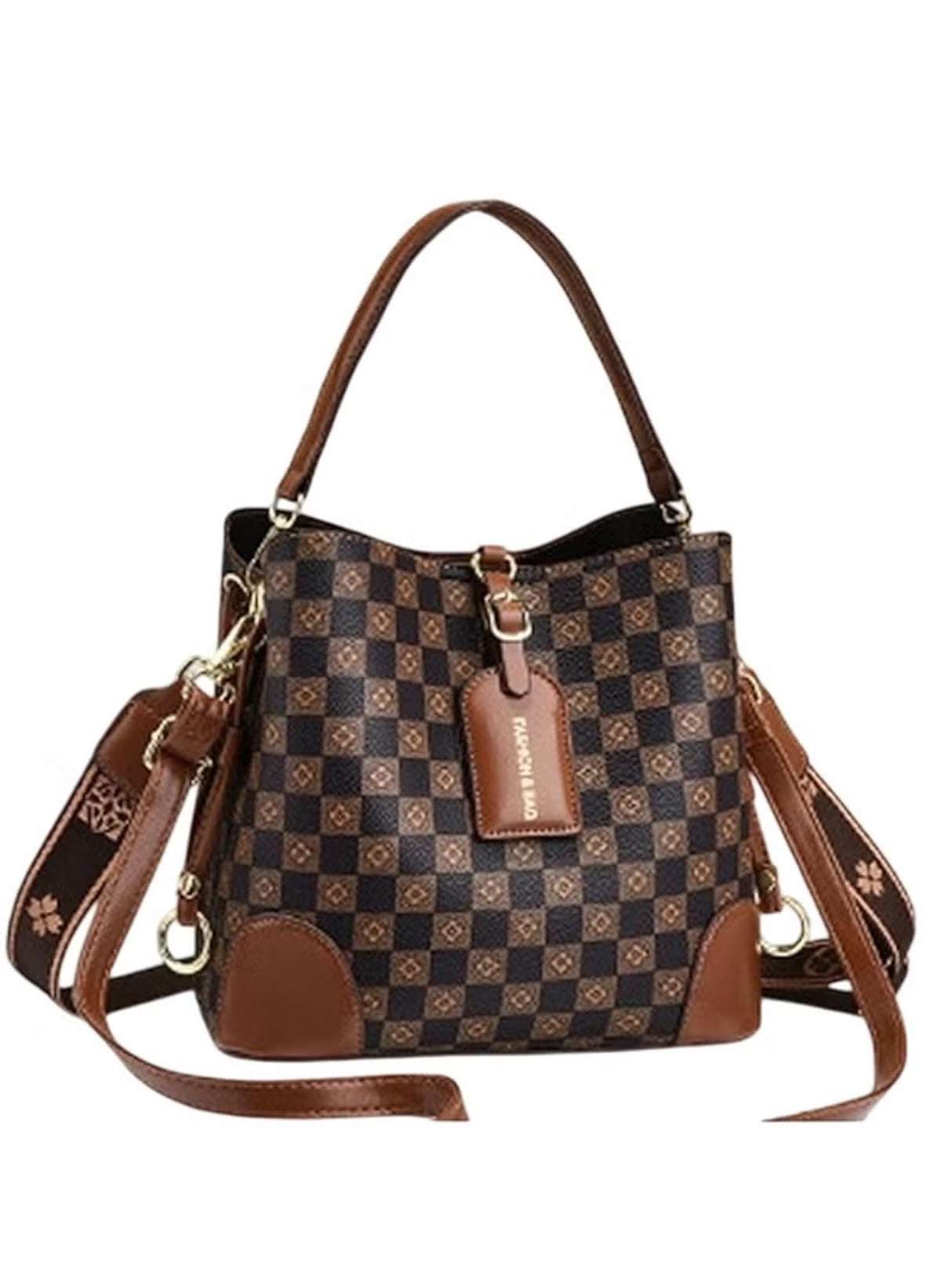 Huitich luxury patterned crossbody handbag in brown checkered design with leather accents and adjustable strap