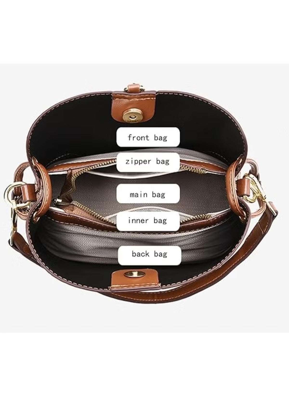 Interior view of Huitich luxury patterned crossbody handbag showing multiple labeled compartments and zipper section