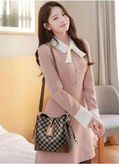 Luxury patterned crossbody handbag by Huitich with brown checkered design and leather accents