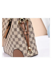Huitich luxury patterned shoulder bag for women in beige and brown checkered design with leather accents