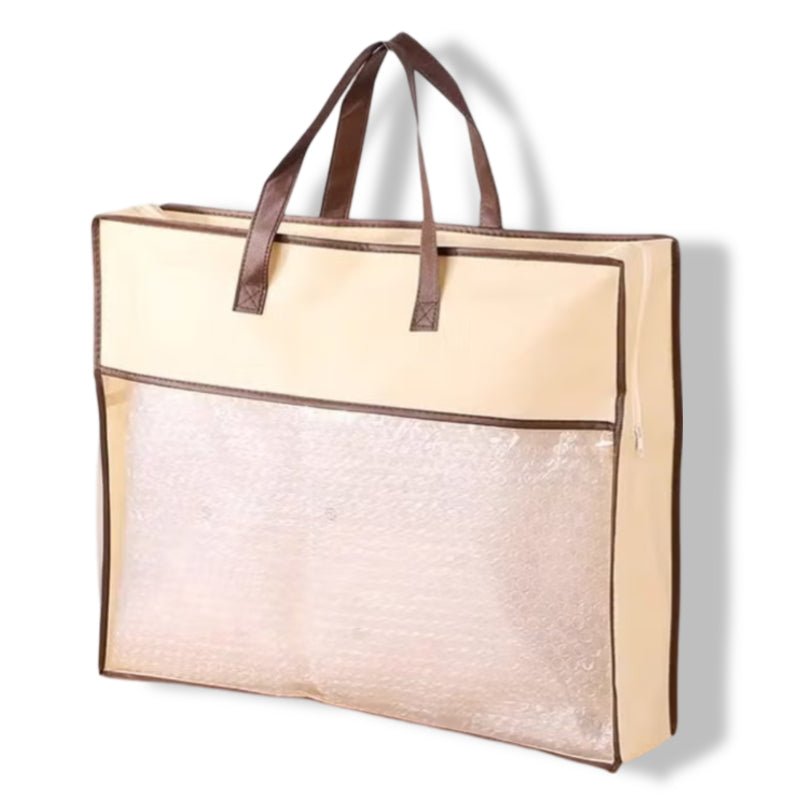Huitich luxury year-round comforter in a beige and brown storage bag with handles