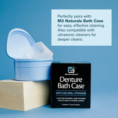 M3 Naturals open blue denture bath case with no spill strainer beside product box retainer cleaner tablets compatible