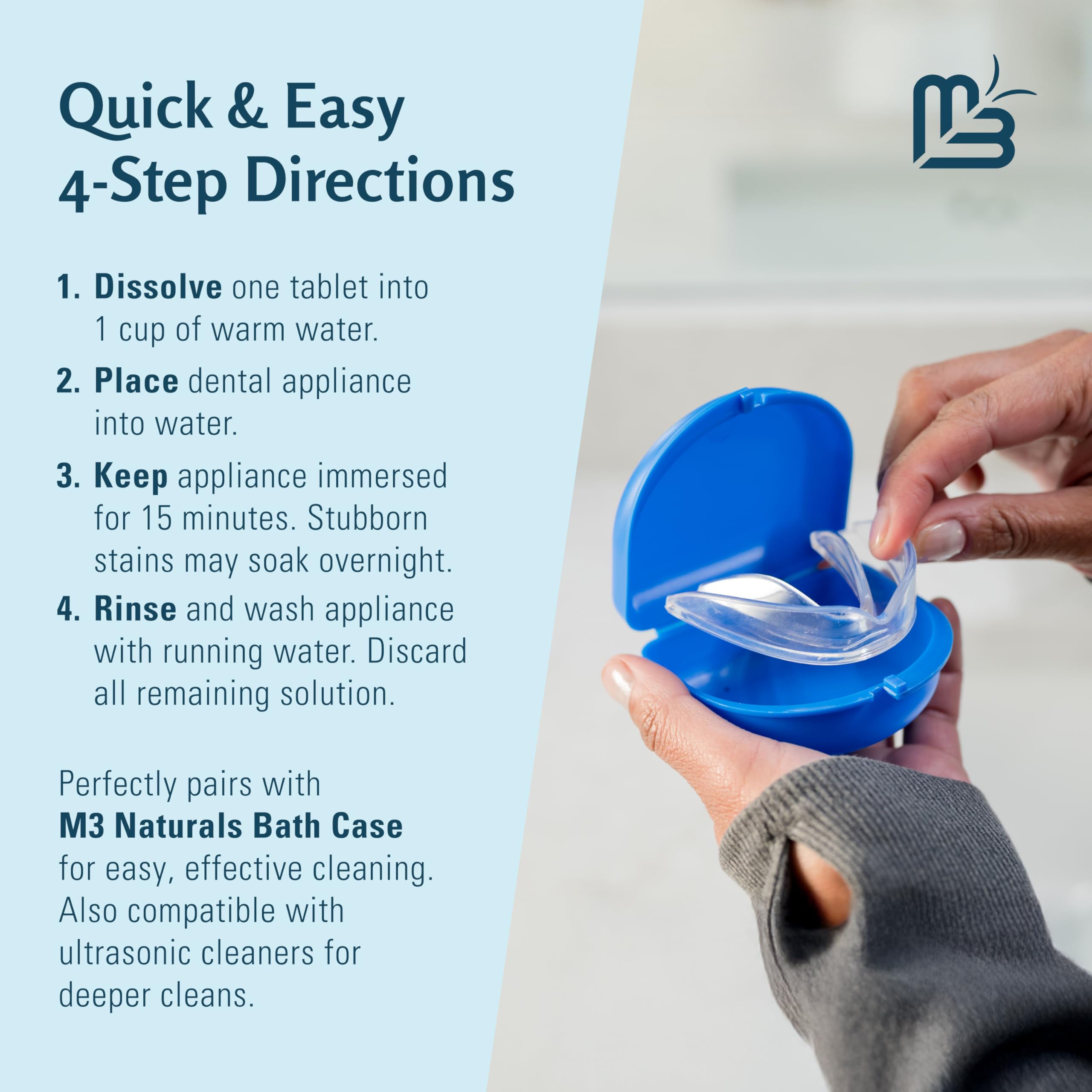 M3 Naturals retainer cleaner tablets instructional image showing blue bath case with clear retainer and 4 step directions