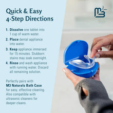 Blue bath case with clear tray, hand dipping dental appliance for cleaning
