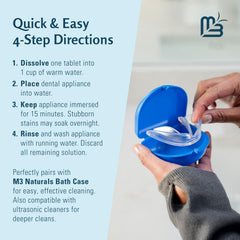 M3 Naturals retainer cleaner tablets instructional image showing blue bath case with clear retainer and 4 step directions