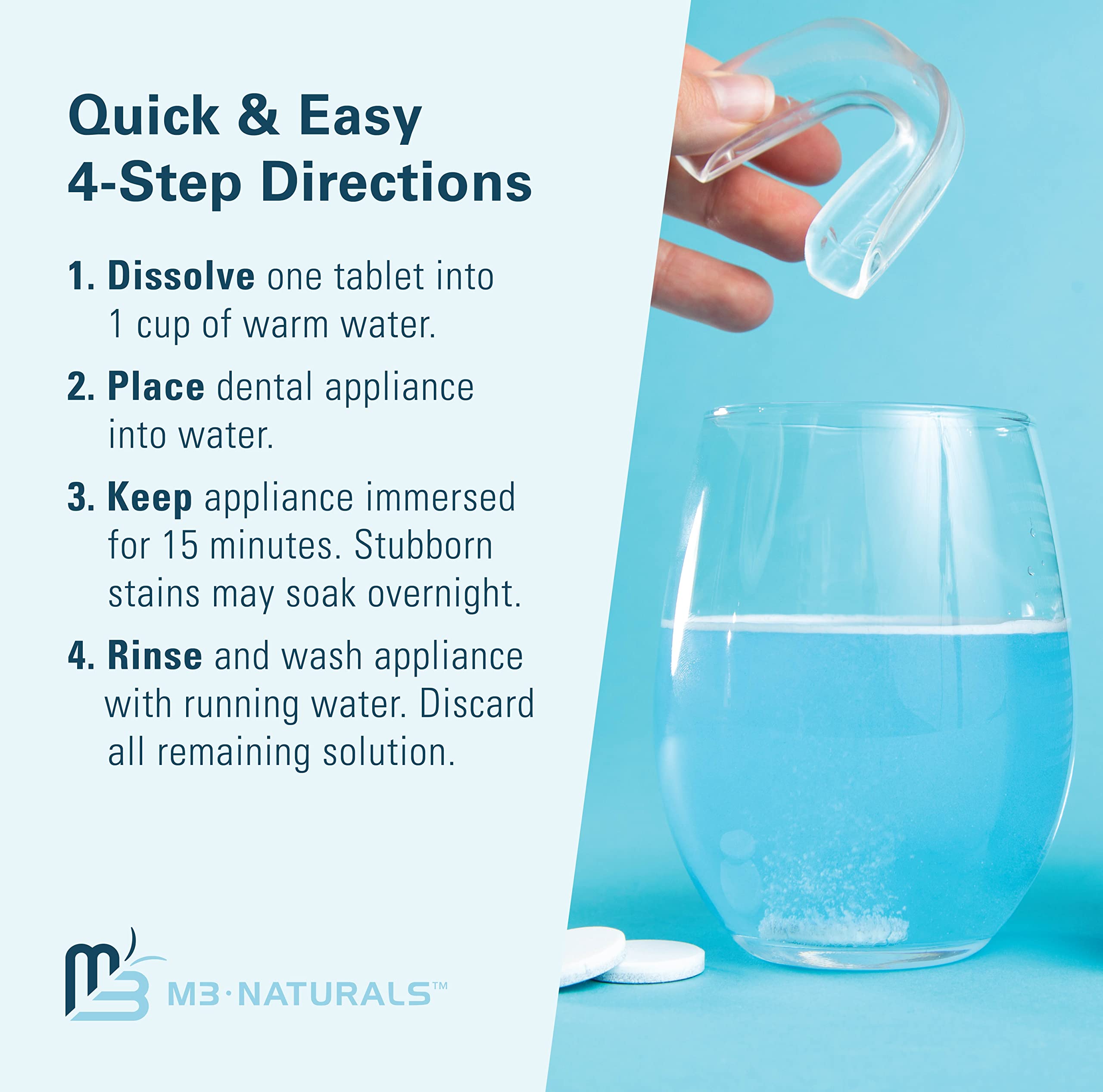 M3 Naturals retainer cleaner tablets instructions with hand holding clear retainer above glass of water