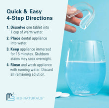 Retainer cleaner directions card with hand holding dental appliance in water