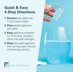 M3 Naturals retainer cleaner tablets instructions with hand holding clear retainer above glass of water
