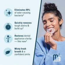 Retainer cleaner benefits panel with icons and woman holding dental appliance