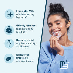 Smiling woman holding clear retainer next to benefits list for M3 Naturals retainer cleaner tablets