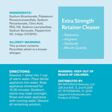 Retainer cleaner ingredients and directions panel with warning and distribution details