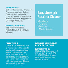 M3 Naturals Extra Strength Retainer Cleaner label showing ingredients and directions for retainer cleaner tablets