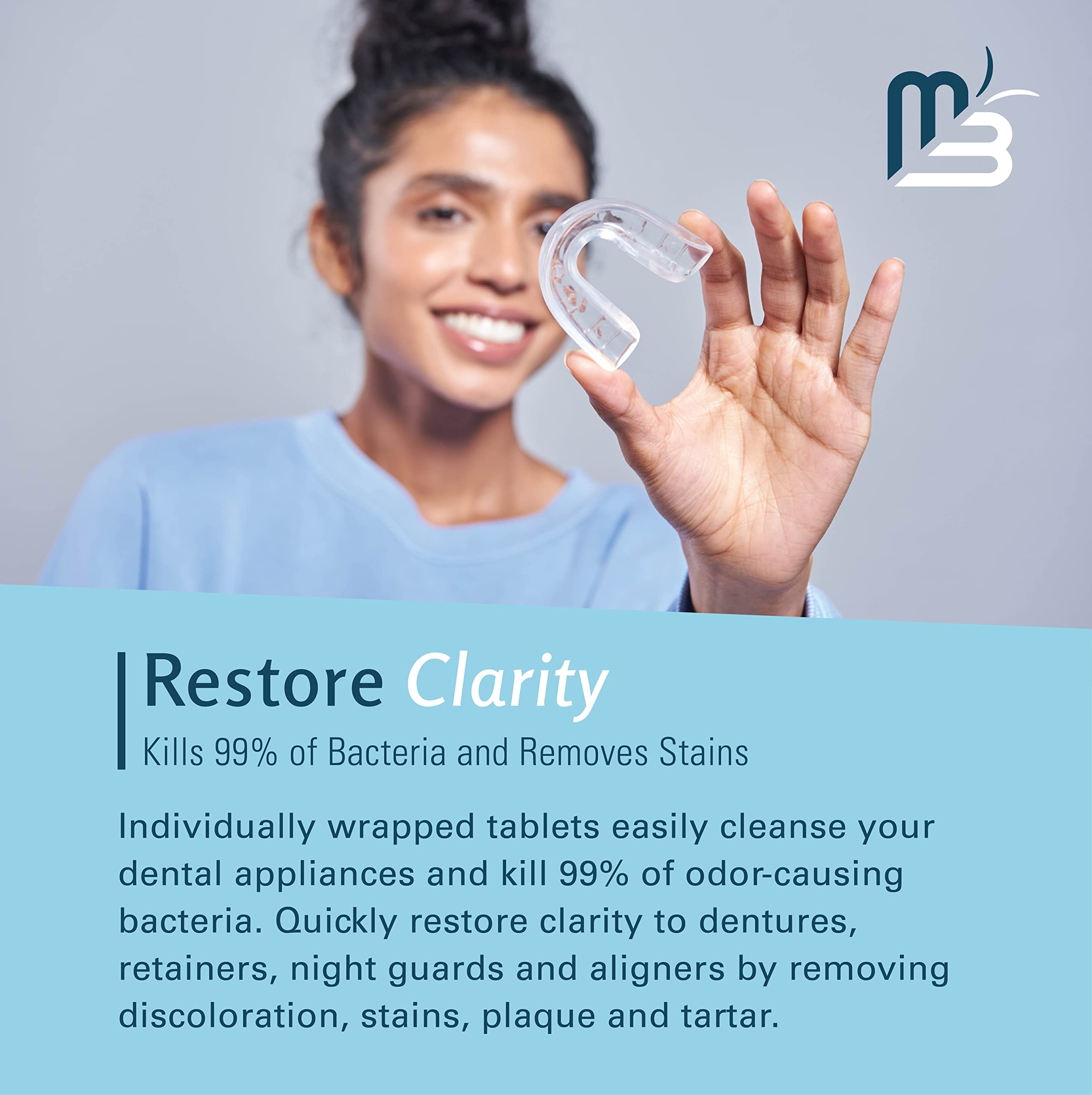 M3 Naturals smiling woman holding a clear dental retainer over blue text panel promoting retainer cleaner tablets