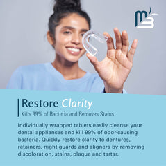 M3 Naturals smiling woman holding a clear dental retainer over blue text panel promoting retainer cleaner tablets