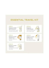 Essential travel kit box panel listing steps for mini cleanser and cream