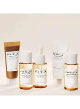Yellow-and-white mini skincare bottles and tubes set, three sizes