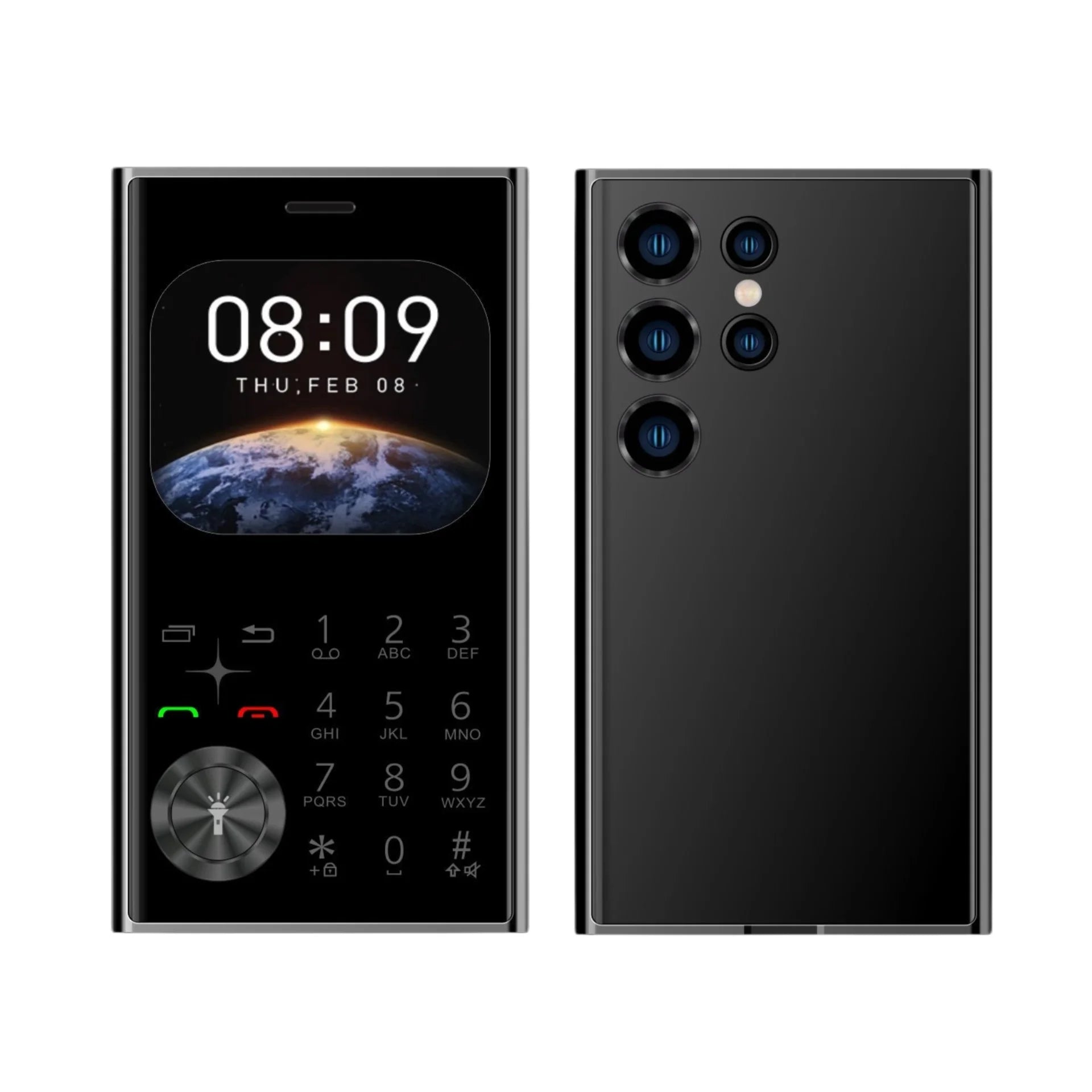 Mumzar credit card size mini phone black slim device front numeric keypad and rear quad camera array