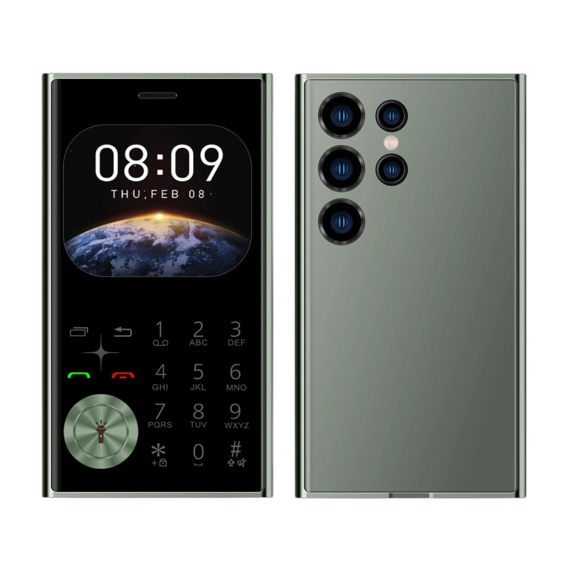 Mumzar credit card size mini phone with numeric keypad front display and quad lens rear cameras