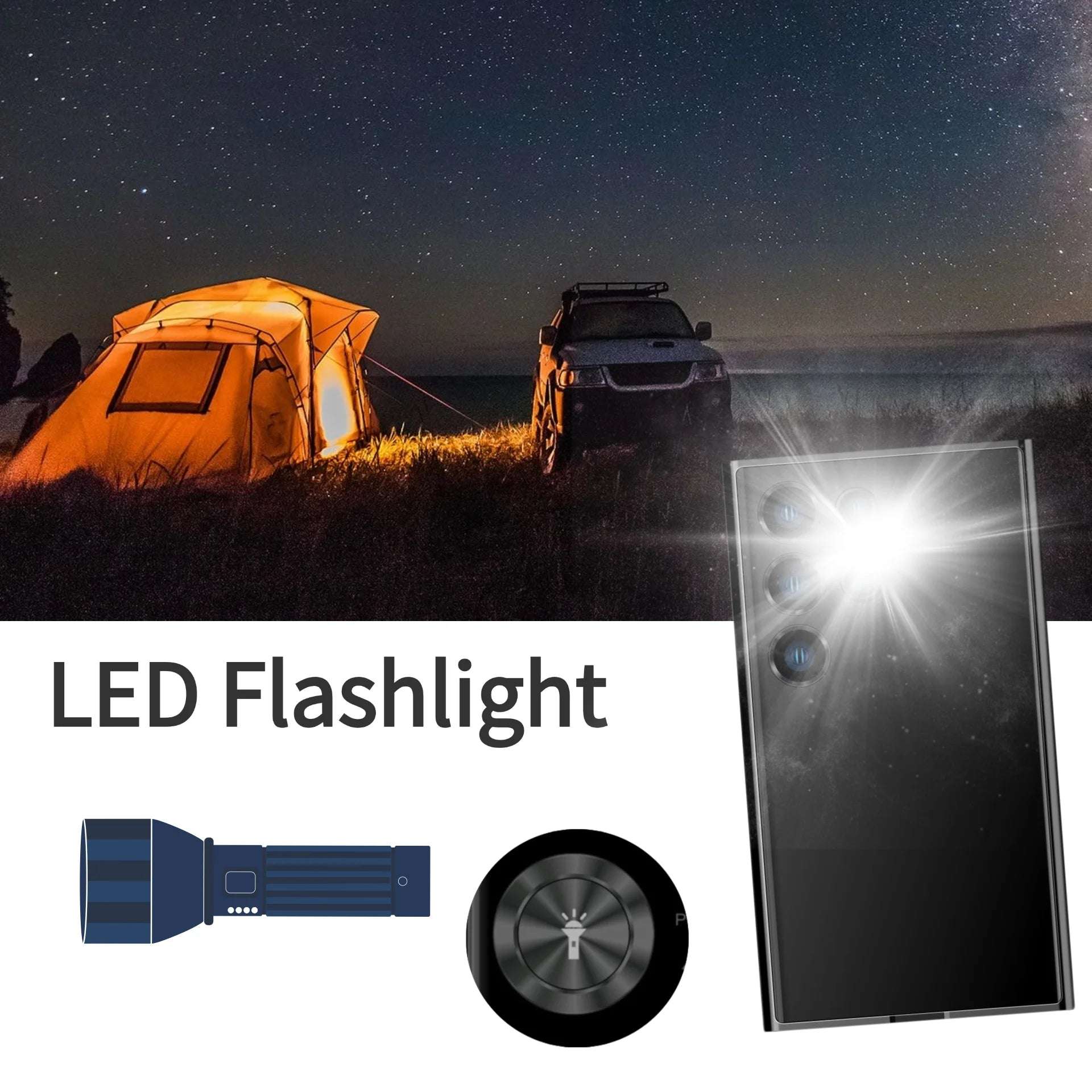 Mumzar LED flashlight credit card size mini phone with bright front light shown near tent and SUV for camping