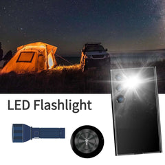 Mumzar LED flashlight credit card size mini phone with bright front light shown near tent and SUV for camping