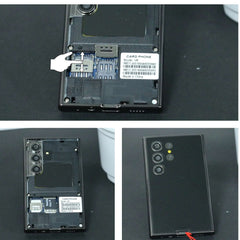 Mumzar credit card size mini phone with back removed showing SIM and microSD slots triple rear cameras and charging port