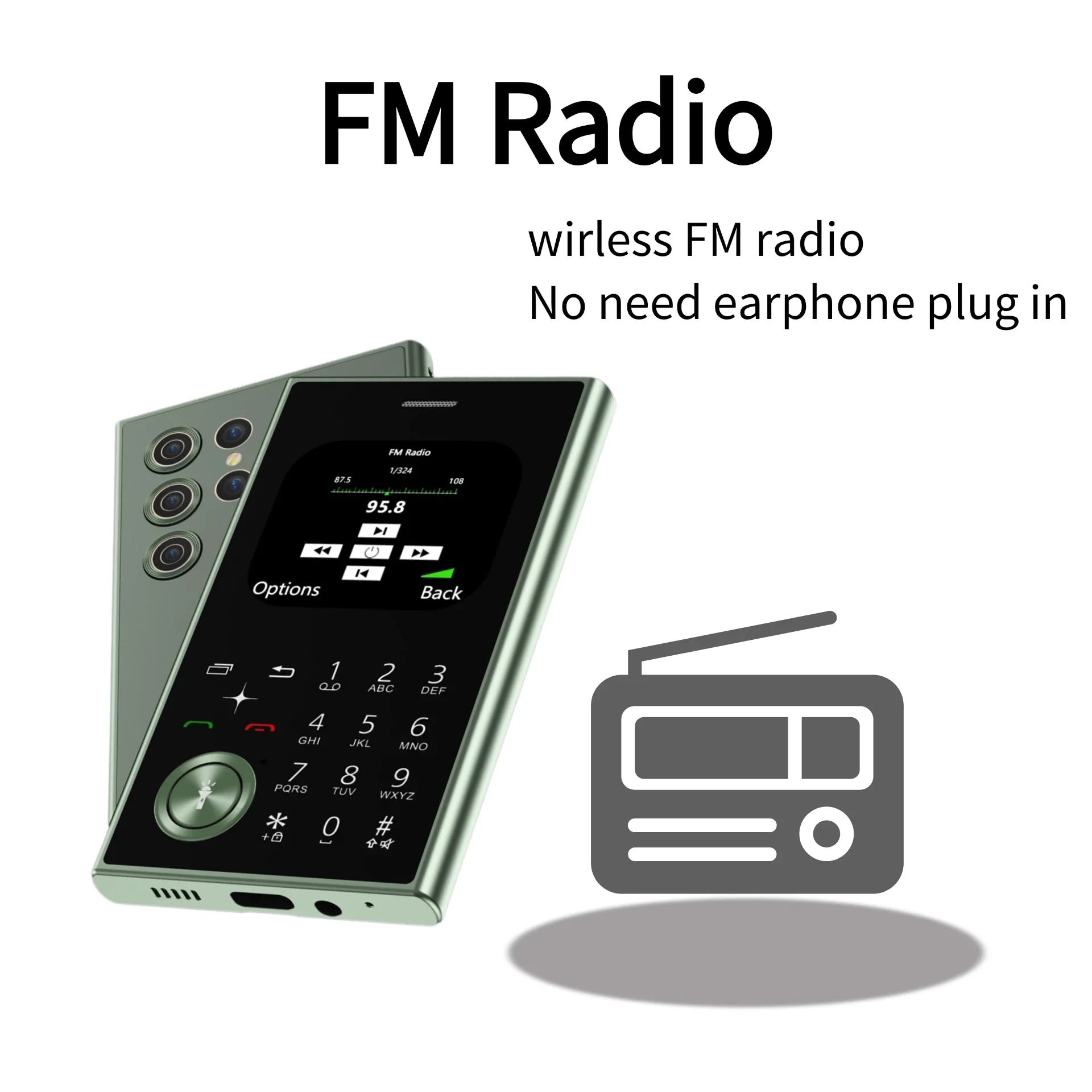 Mumzar credit card size mini phone with FM radio display multiple rear cameras and numeric keypad in green