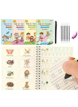Magic calligraphy copybook set with multiple themed booklets, pen, and refill sticks