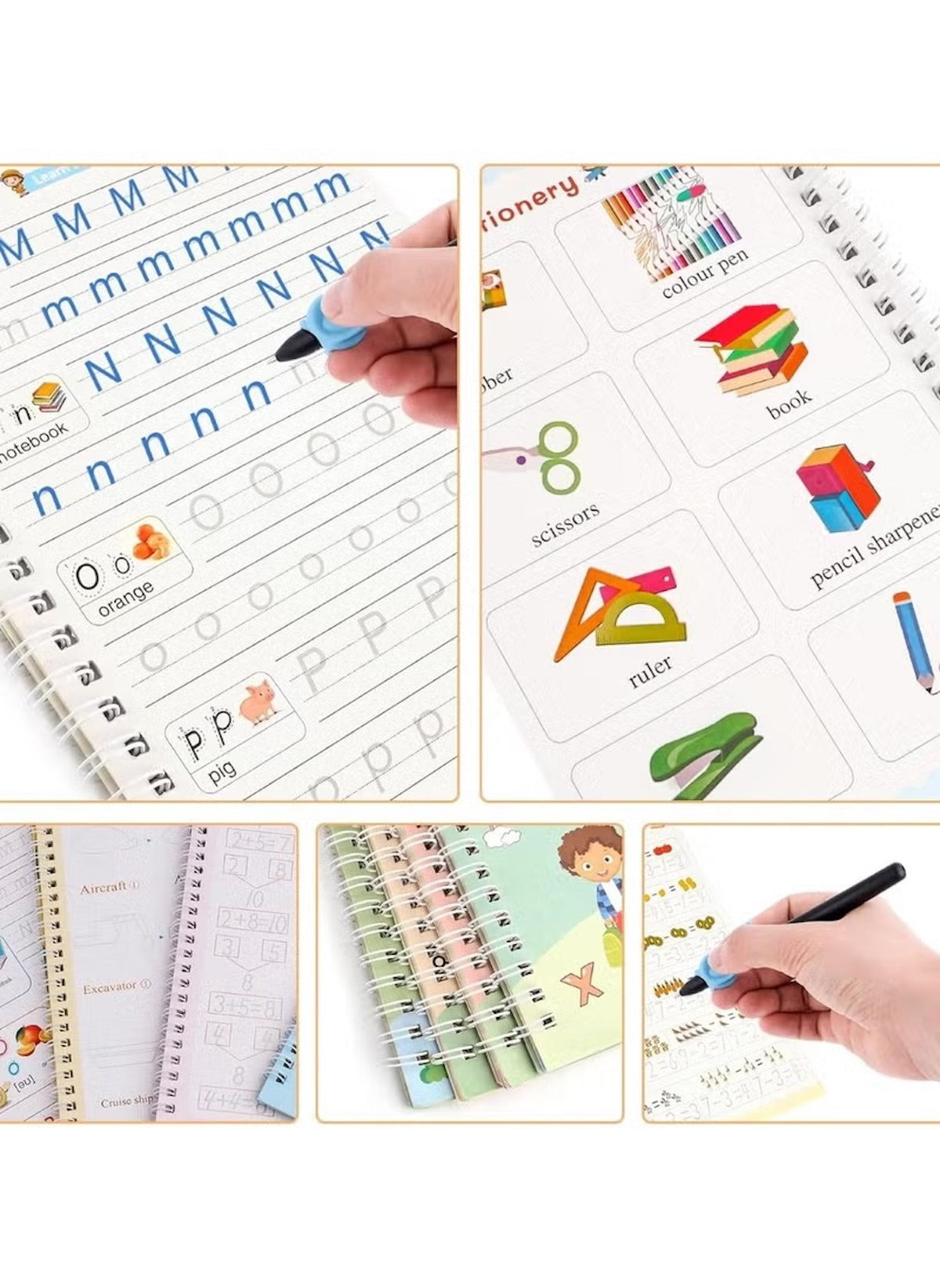 Magic calligraphy copybook set by Mumzar for practicing letters and learning vocabulary with fun illustrations