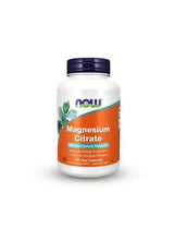 NOW Magnesium citrate bottle with dark blue cap, 120 veg capsules label