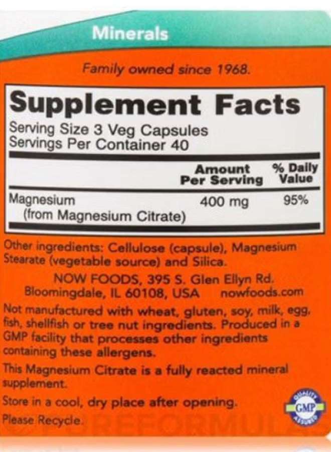 Now Foods Magnesium Citrate capsules UAE with Supplement Facts and serving size information