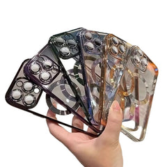 Hand holding multiple luxury magnetic clear iPhone case MagSafe with plated edges for wireless charging