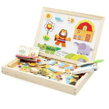 Wooden magnetic drawing board with house, sun and animal pieces plus white stylus