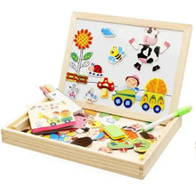 Wooden magnetic drawing board with farm scene pieces and green stylus
