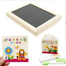 Wooden magnetic drawing board with dark writing surface and included picture cards