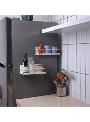 Huitich magnetic kitchen rack mounted on refrigerator holding jars and cups in modern kitchen
