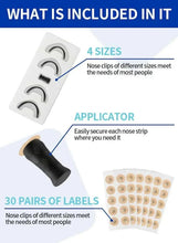Magnetic nasal strip kit with 4 nose-clip sizes, applicator, and 30 label pairs