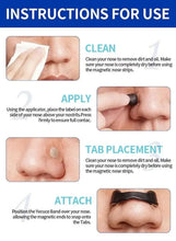 Magnetic nasal strip use instructions showing clean, apply, and attach steps