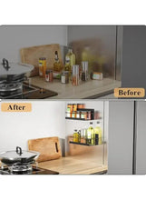 Magnetic refrigerator organizer racks with bottles and jars arranged inside refrigerator