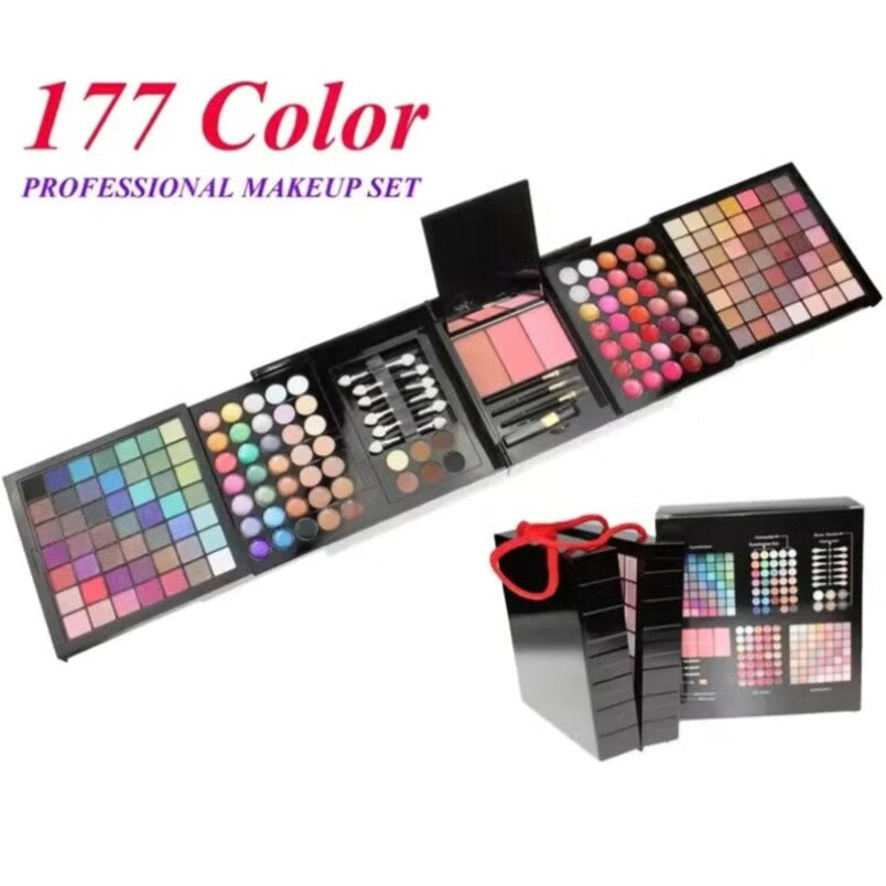 Huitich 177 color makeup palette set with eyeshadows, blushes, lip colors, and applicators in a foldable case