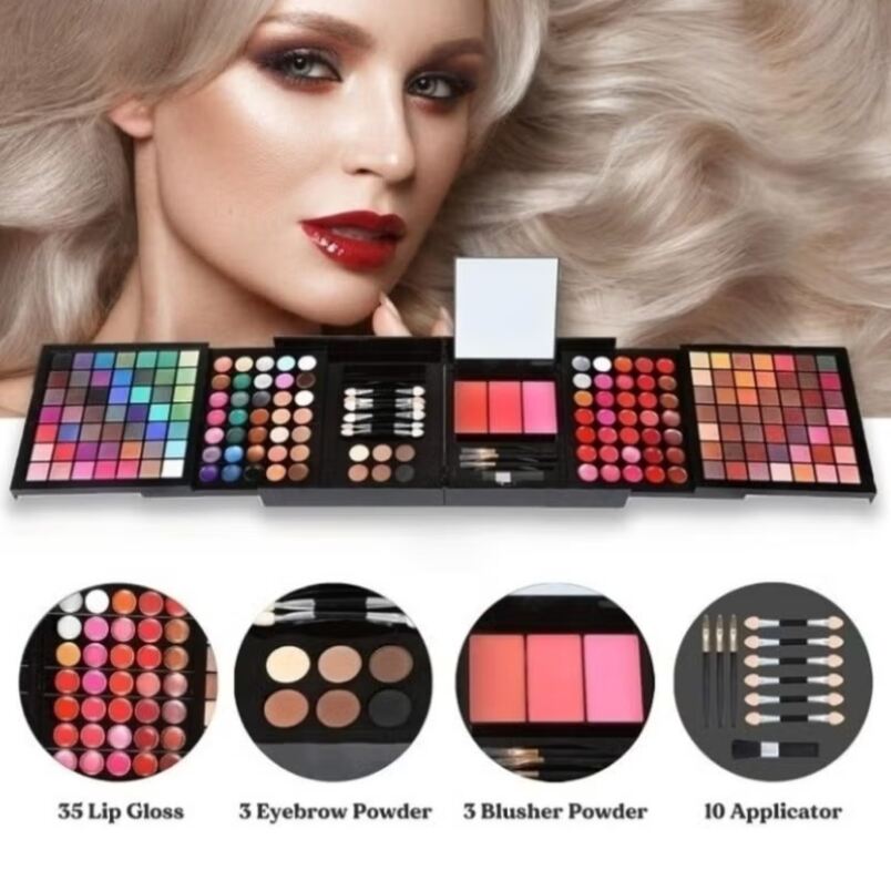 Huitich 177 color makeup palette set with lip gloss, eyebrow powder, blusher powder, and applicators