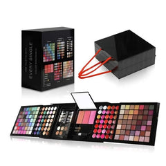 Huitich 177 color makeup palette set with eyeshadows, lip colors, blushes, and applicators in a black foldable case