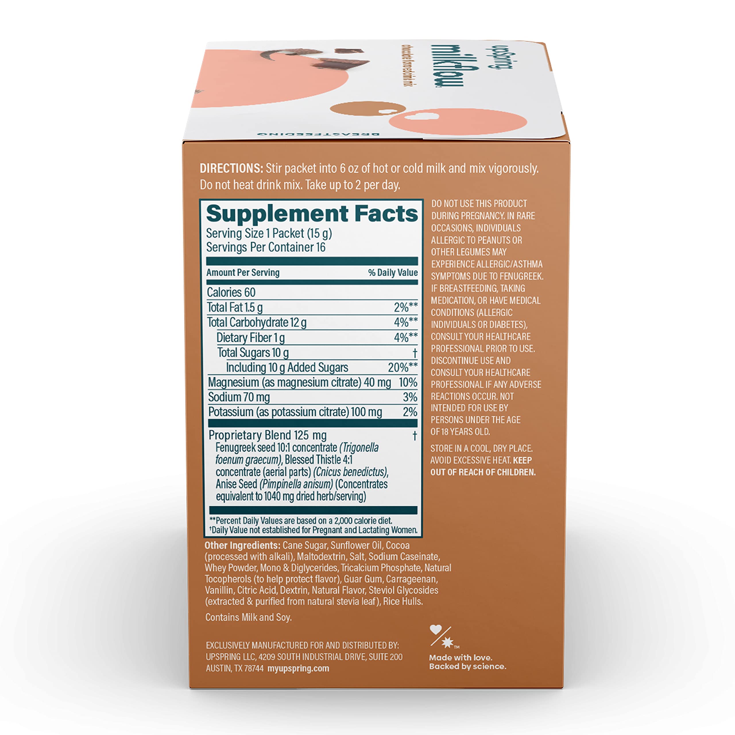 UpSpring box back panel showing Supplement Facts and directions for chocolate lactation supplement drink