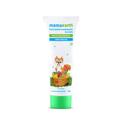 Mamaearth tube of natural fruit punch toothpaste for kids with green cap and cartoon squirrel design