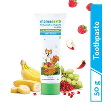 Fruit punch toothpaste tube 50g with kid-themed fruit illustrations and green base.