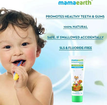 Kids fruit punch toothpaste tube with green base shown with toddler and usage claims.