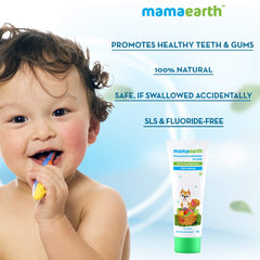 Mamaearth natural fruit punch toothpaste for kids tube and smiling toddler brushing teeth with colorful toothbrush