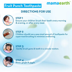 mamaearth directions poster showing kids brushing with natural fruit punch toothpaste for kids pea sized amount and steps