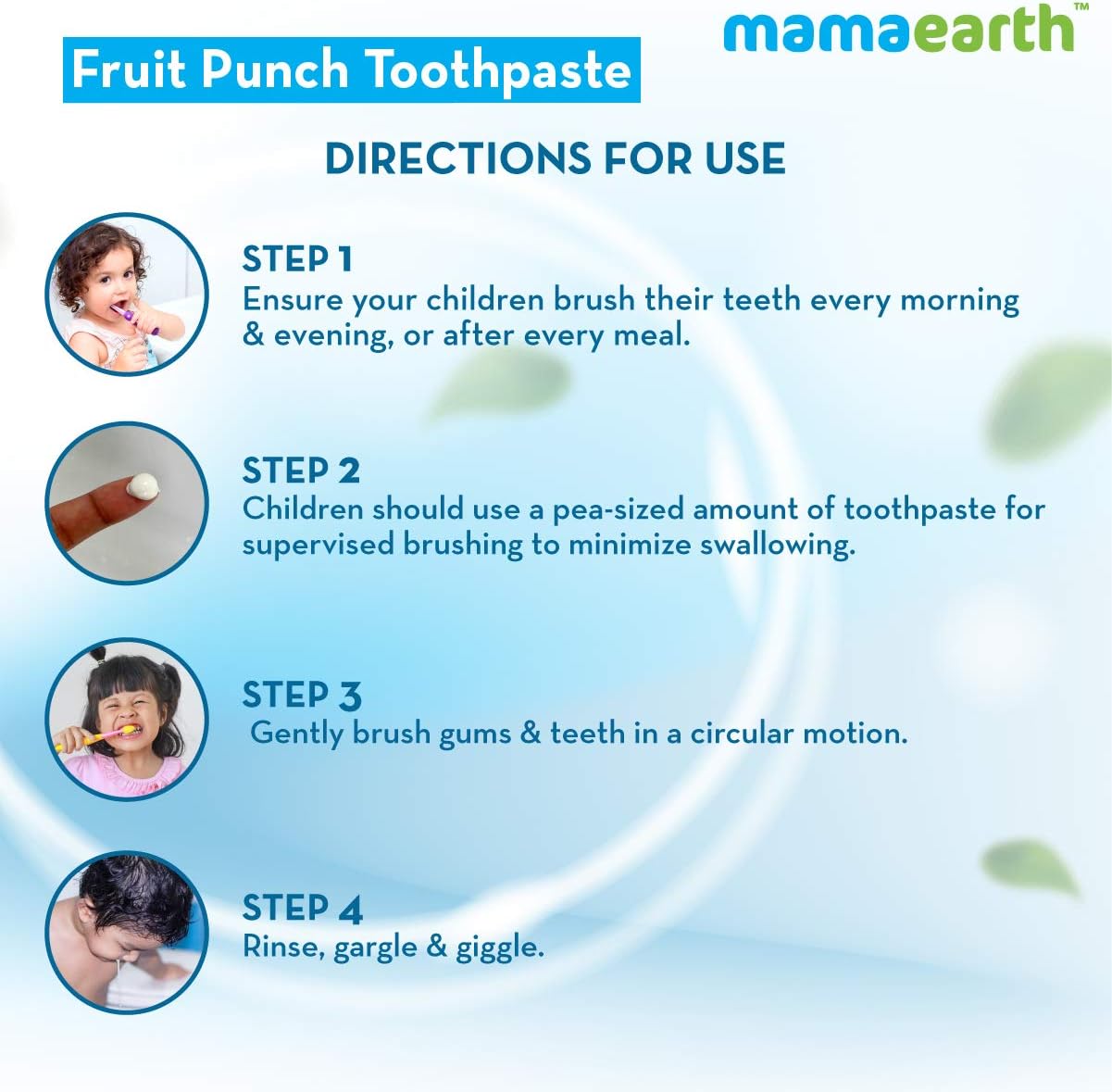 Mamaearth Fruit Punch Toothpaste directions poster showing steps and images for natural fruit punch toothpaste for kids
