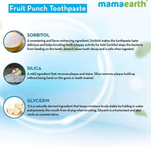 Fruit punch toothpaste ingredient panel with sorbitol, silica, and glycerin for kids.