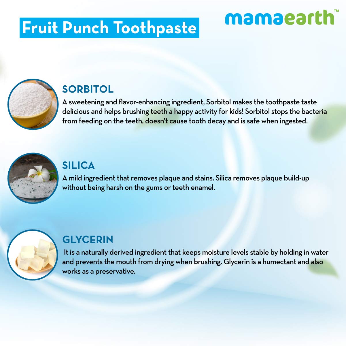 Mamaearth Fruit Punch Toothpaste ingredient infographic showing sorbitol silica glycerin natural fruit punch toothpaste for kids